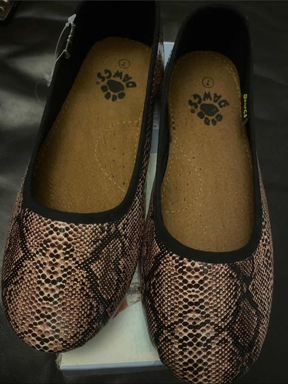 Dawgs Women's Snake-Print Slip-On Flats in Brown and Black